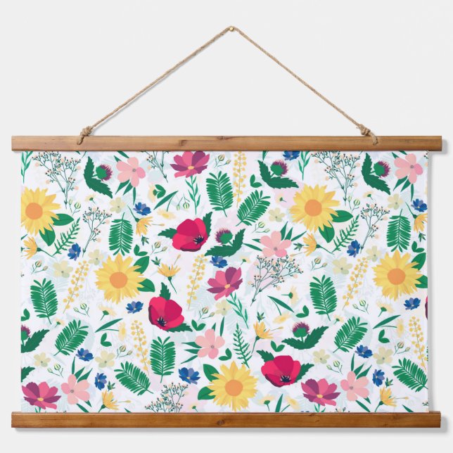 Boho Wildblumen Meadow Floral Design Wandteppich Mit Holzrahmen (Vorne)