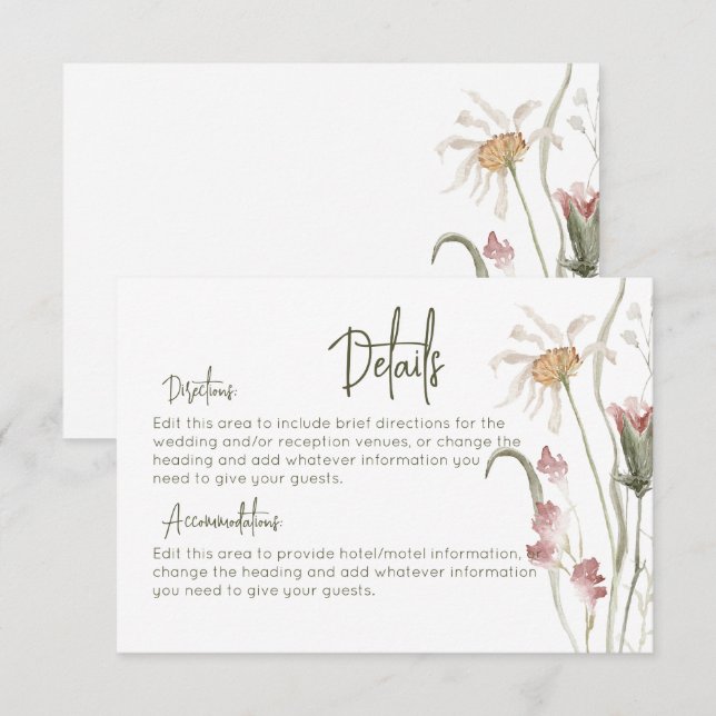 Boho Wildblumen Moderne Blumendetails Hochzeit Begleitkarte (Vorne/Hinten)