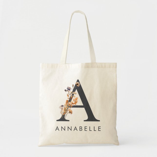 Boho-Wildblumen-Monogramm Buchstabe A Tragetasche (Vorne)