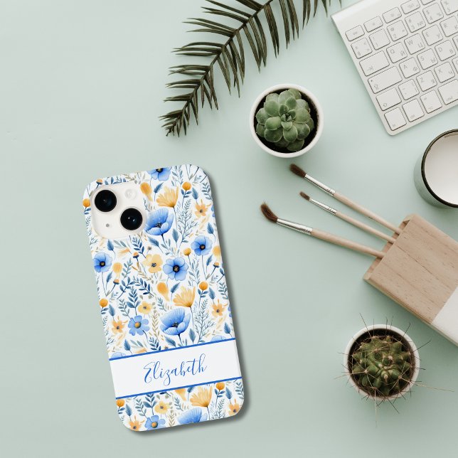 Boho-Wildblumen Monogramm Case-Mate iPhone Hülle (Monogrammed Boho Blue Yellow Wildflowers iPhone case)