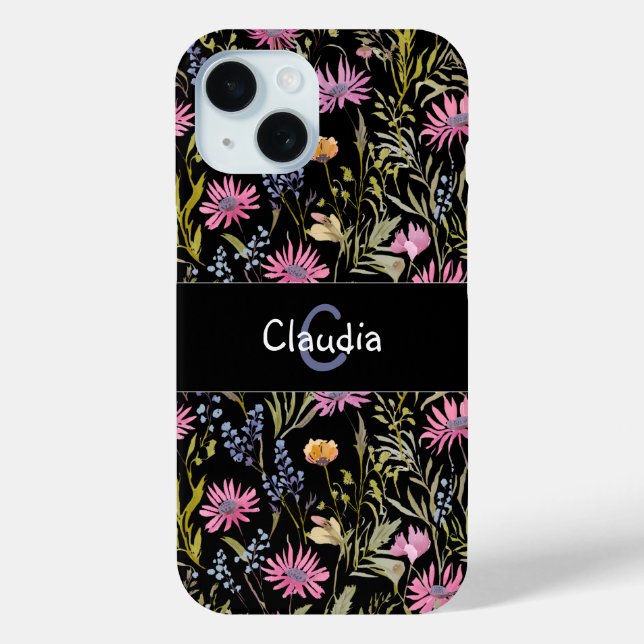 Boho-Wildblumen-Muster Rosa Schwarzes Monogramm Case-Mate iPhone Hülle (Rückseite)