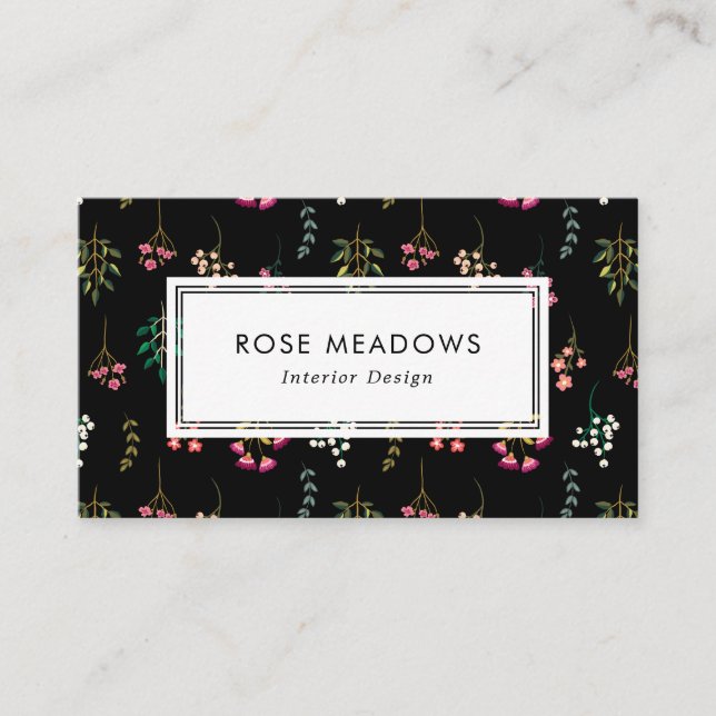 Boho Wildblumen-Muster-Schwarzes Visitenkarte (Vorderseite)