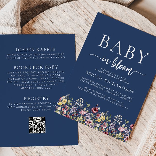 Boho Wildblumen Navy Blue QR Code Babydusche Einladung (Von Creator hochgeladen)