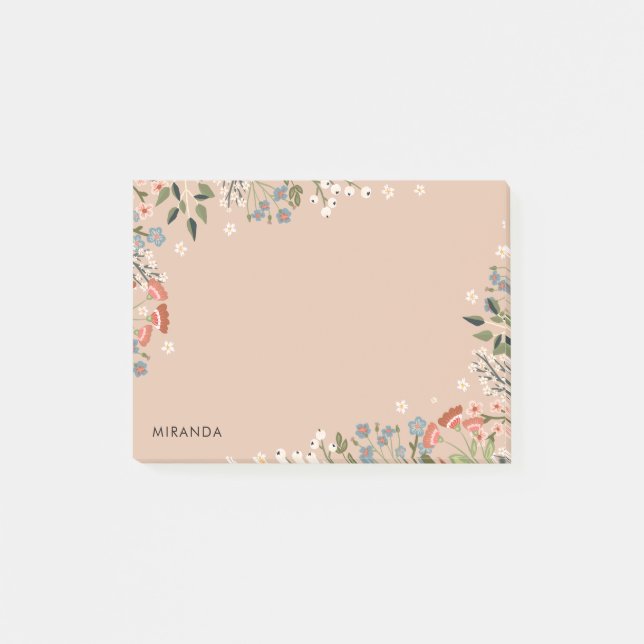 Boho Wildblumen Neutrale Palette Ihr Name Post-it Klebezettel (Vorderseite)