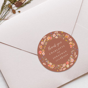 Boho Wildblumen Orangefarbene Hochzeits-Dankeskart Runder Aufkleber