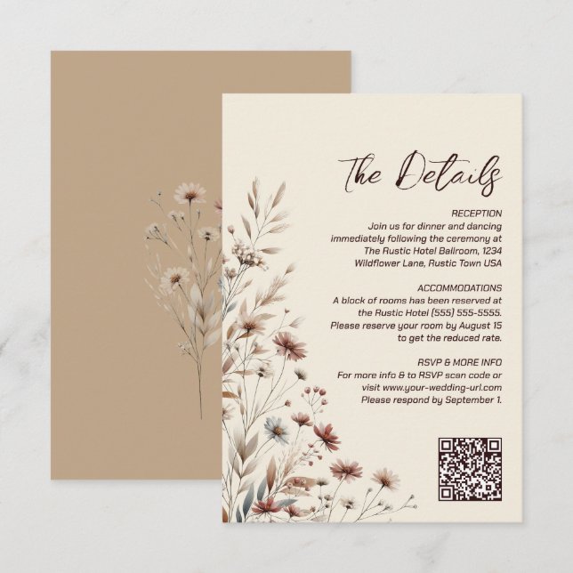 Boho Wildblumen QR Code Hochzeitdetails Kleine Begleitkarte (Vorne/Hinten)
