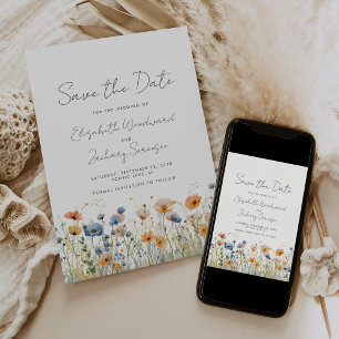 Boho-Wildblumen-Rand Orange Blau Hochzeit Save The Date