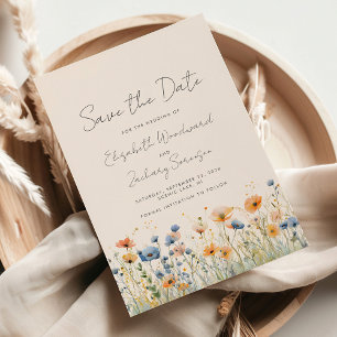 Boho-Wildblumen-Rand Orange Blaue Hochzeit Save The Date