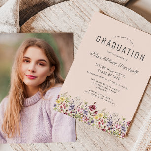 Boho Wildblumen Rosa Abschlussfoto Einladung