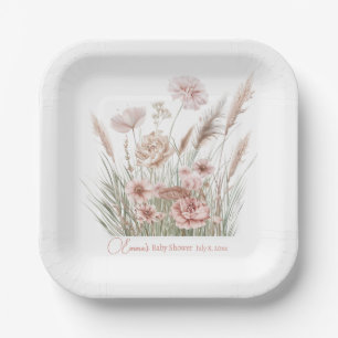 Boho-Wildblumen-Rosa-Blumen-Baby-Party Pappteller