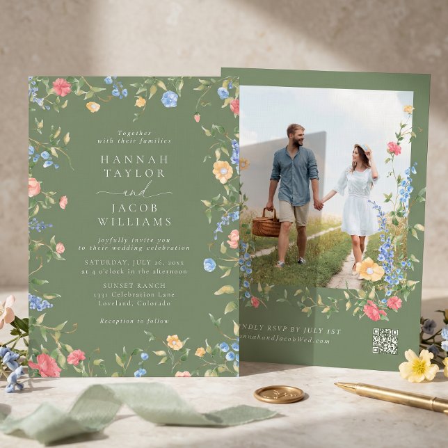 Boho-Wildblumen-Sage-Foto-QR-Code-RSVP-Hochzeit Einladung (Von Creator hochgeladen)