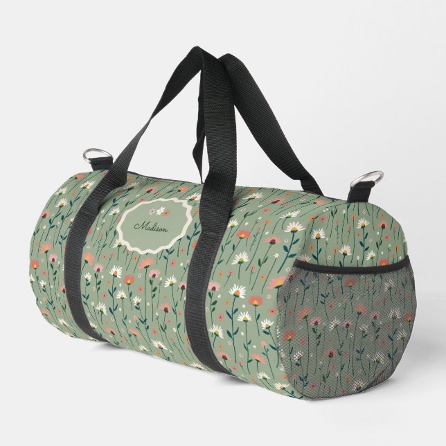 Boho-Wildblumen-Sage-Grün-Monogramm Duffle Bag (Rechte Ecke)