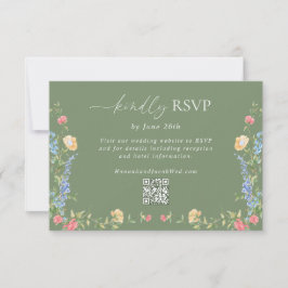 Boho-Wildblumen-Sagegrün-Hochzeits-QR-Code RSVP Karte