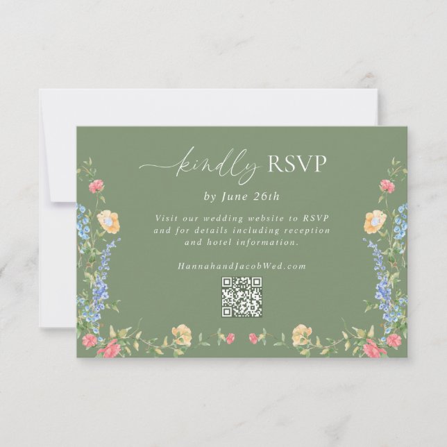 Boho-Wildblumen-Sagegrün-Hochzeits-QR-Code RSVP Karte (Vorderseite)