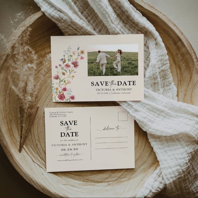 Boho Wildblumen Save the Date mit Foto Postkarte (Von Creator hochgeladen)
