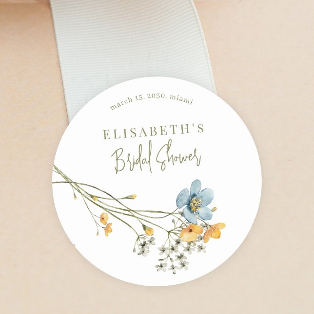Boho Wildblumen Spring Brautparty personalisiert Runder Aufkleber (Von Creator hochgeladen)