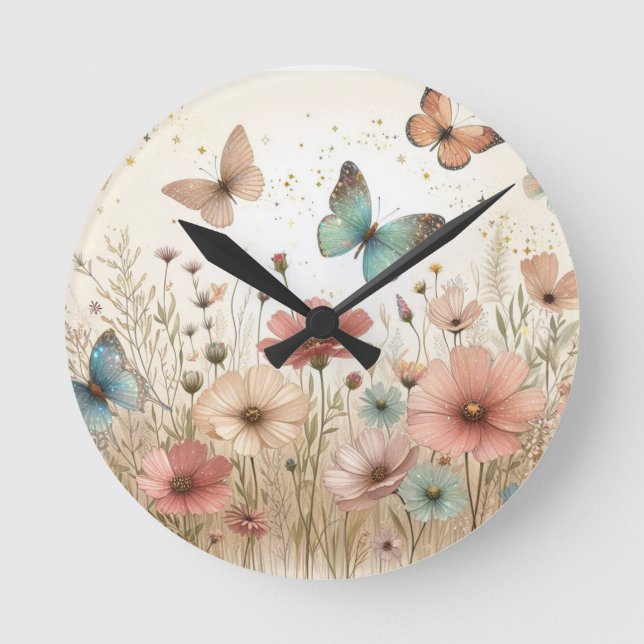 Boho Wildblumen und Schmetterlinge Runde Wanduhr (Vorderseite)