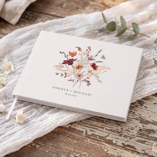 Boho Wildblumen Vintage Hochzeit im Herbst Gästebuch (Elegant fall wildflowers wedding guest book with burgundy and orange flowers.)