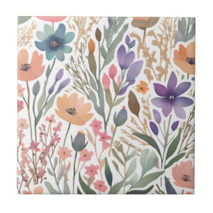 Boho-Wildblumen-Wasserfarben-Blumen-Pastell-Akzent Fliese