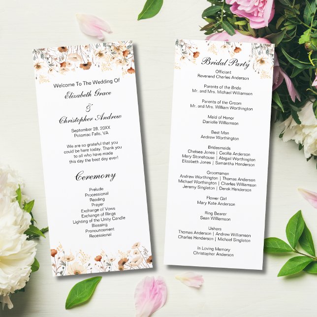Boho Wildblumen Yellow Beige Wedding Program Menükarte (Boho Wildflowers in Yellow Cream Beige Neutral Colors Wedding Program)
