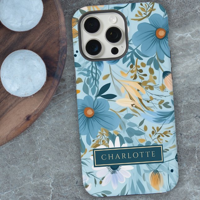 Boho-Wildblumengarten Blaue Blumenmuster  iPhone Hülle (Von Creator hochgeladen)