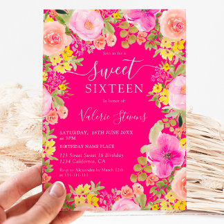 Boho wilde Blume Aquarell Sweet 16 pink Einladung