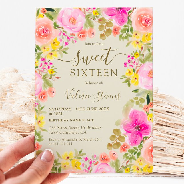 Boho wilde Blume Gartenwasserfarbe Süß 16 Einladung (Boho wild flowers garden watercolor Sweet 16 Invitation on light green)