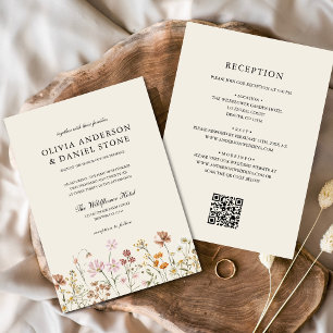 Boho Wildflower Beige Alles in Einem QR Code Hochz Einladung