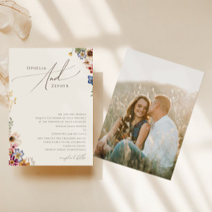 Boho Wildflower Beige Foto Traditionelle Hochzei Einladung