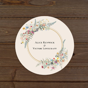 Boho-Wildflower-Farn-Beige-Hochzeitsumschlagsiegel Runder Aufkleber