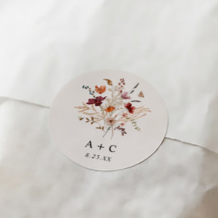 Boho Wildflower Herbst Burgund Rot Hochzeit Runder Aufkleber