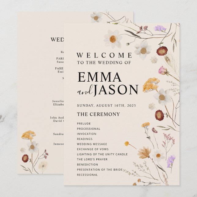 Boho-Wildflower-Hochzeitsprogramm Einladung (Vorne/Hinten)