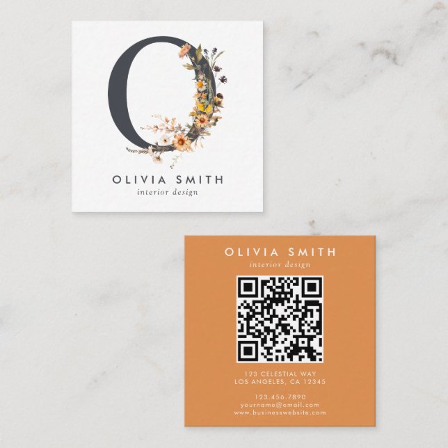 Boho-Wildflower Initial O QR-Code Quadratische Visitenkarte (Vorne/Hinten)