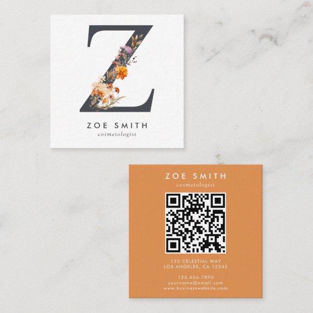 Boho-Wildflower-Initial Z-QR-Code Quadratische Visitenkarte (Vorne/Hinten)