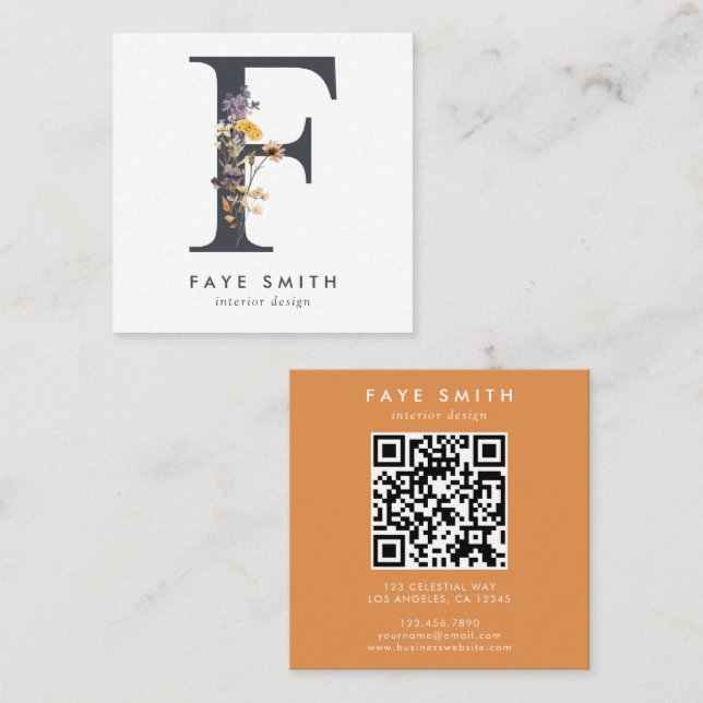 Boho-Wildflower-Initialen-QR-Code Quadratische Visitenkarte (Vorne/Hinten)