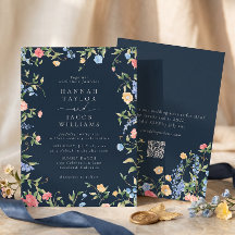 Boho Wildflower Navy Blau QR Code RSVP Hochzeit