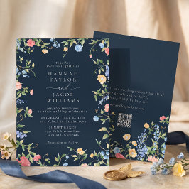 Boho Wildflower Navy Blau QR Code RSVP Hochzeit Einladung