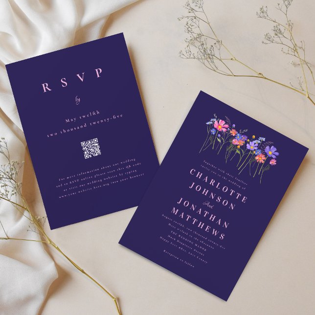Boho Wildflower Navy Blue Pink Wedding QR Code Einladung (Elegant wildflower vibrant blue pink floral navy blue wedding qr code invitation)