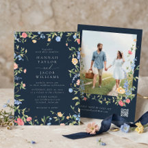Boho Wildflower Navy Foto QR Code RSVP Hochzeit