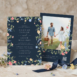 Boho Wildflower Navy Foto QR Code RSVP Hochzeit Einladung