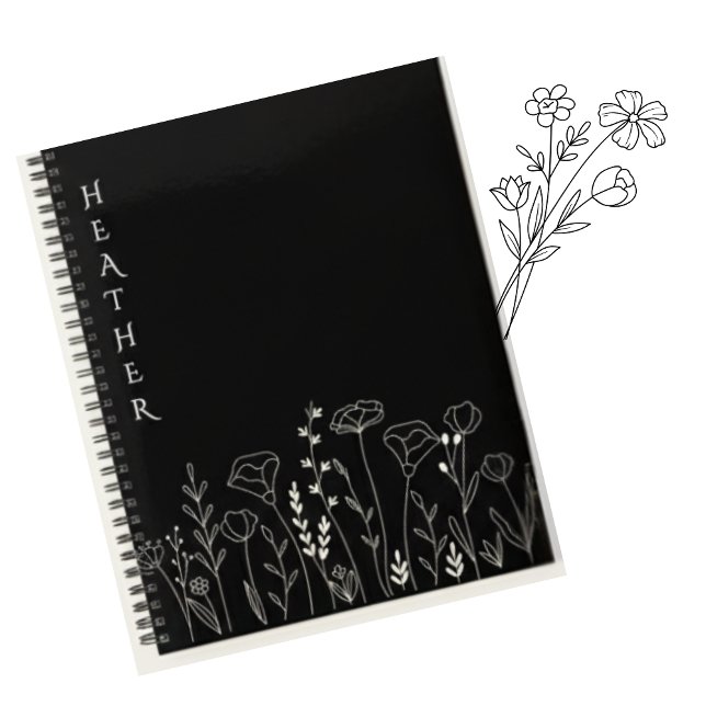 Boho Wildflower Personalisiertes Schwarzes Geschen Notizblock (Von Creator hochgeladen)