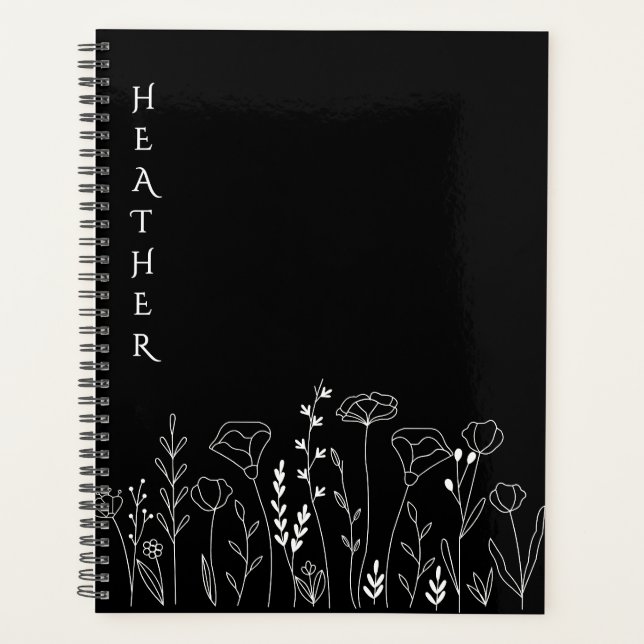Boho Wildflower Personalisiertes Schwarzes Geschen Planer (Vorderseite)