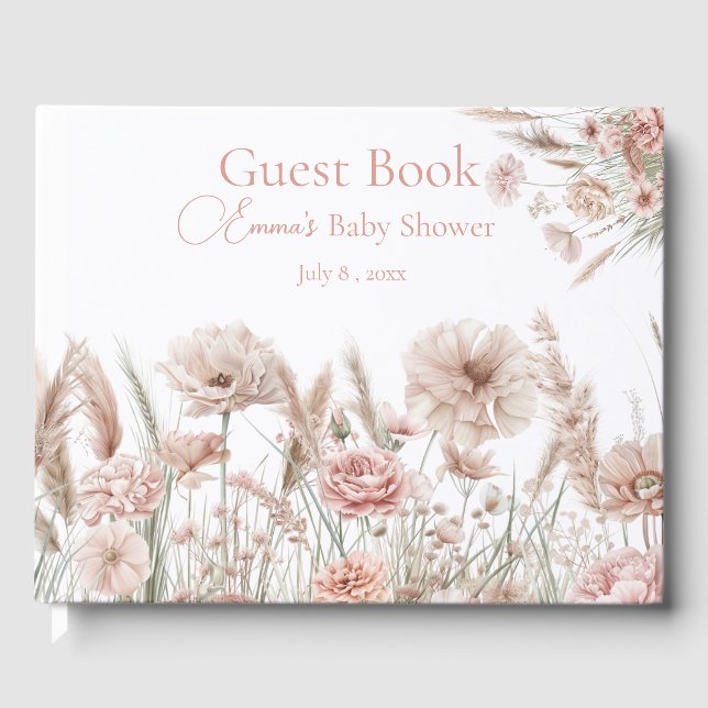 Boho Wildflower Pink Floral Baby Shower Guest Book Gästebuch (Vorderseite)