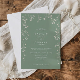Boho Wildflower Salbei Grün Baby-Breath Hochzeit Einladung