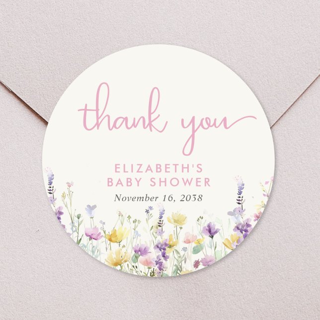 Boho Wildflower Watercolor Baby Shower Thank You Runder Aufkleber (Boho Wildflower Watercolor Baby Shower Thank You Classic Round Sticker)