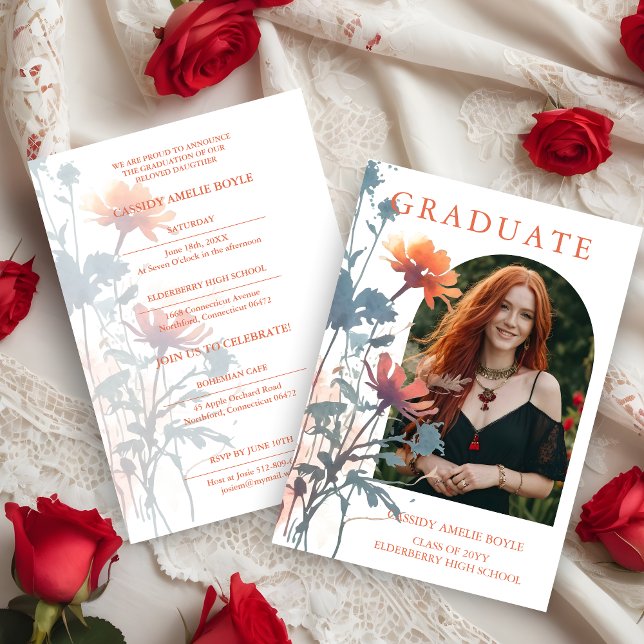 Boho Wildflowers Bunch Photo Modern Arch Photo Einladung (Boho Wildflowers Bunch Photo Modern Arch Frame Graduate Invitation Card. )