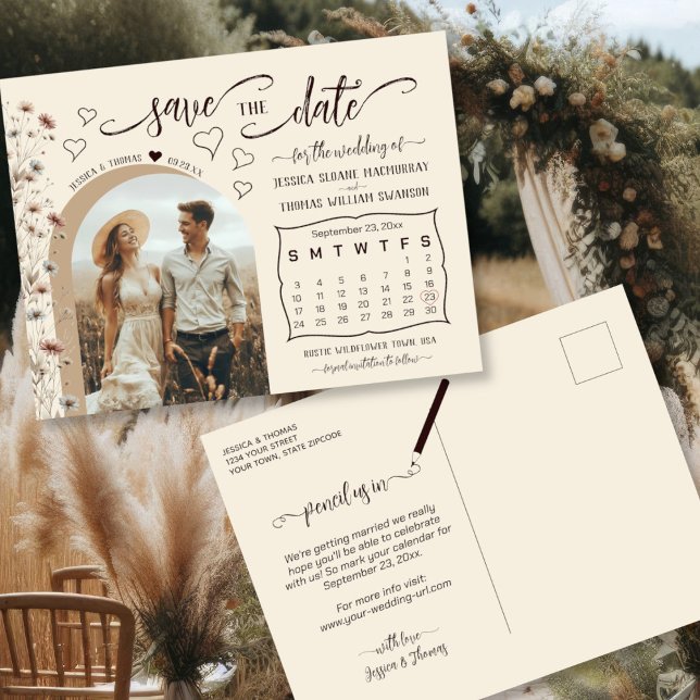 Boho Wildflowers Calendar & Photo Save the Date Ankündigungspostkarte (Front/Back)