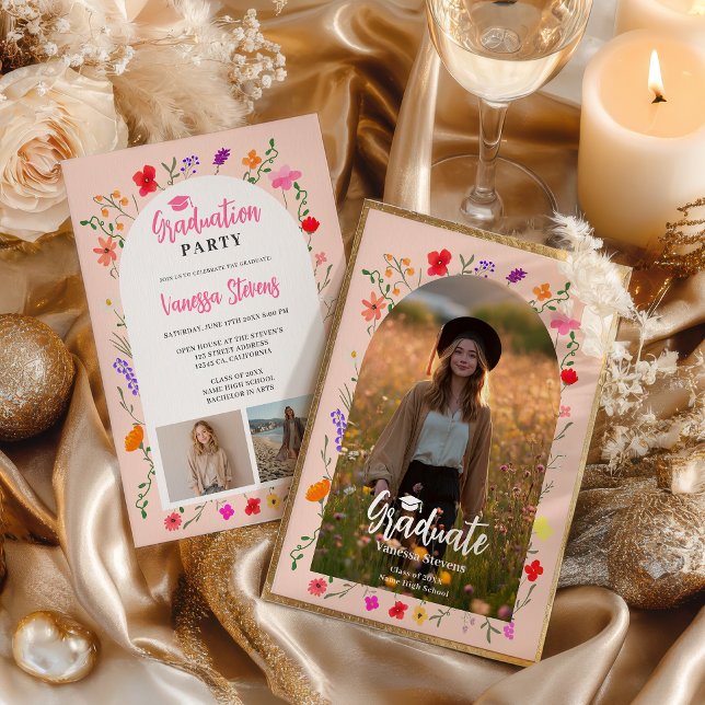 Boho wildflowers Pink Garden photos graduation Einladung (Boho wildflowers Pink Garden photos graduation Invitation)