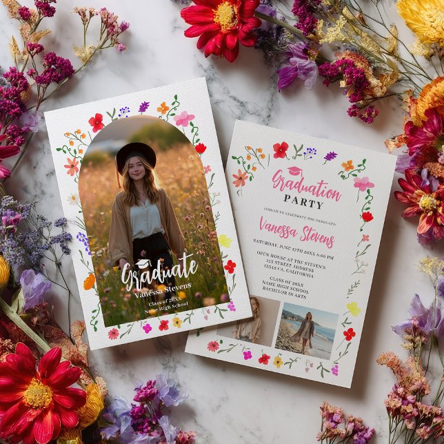 Boho wildflowers Spring Garden photos graduation Einladung (Boho wildflowers Spring Garden photos graduation Invitation)