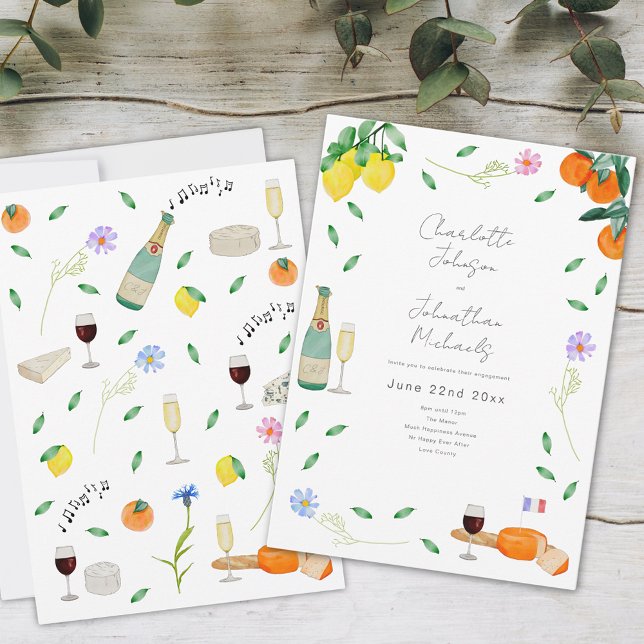 Boho Wine and Käse Engagement Party Einladung (Boho floral wine and cheese citrus engagement party invitation whimsical watercolor illustration )